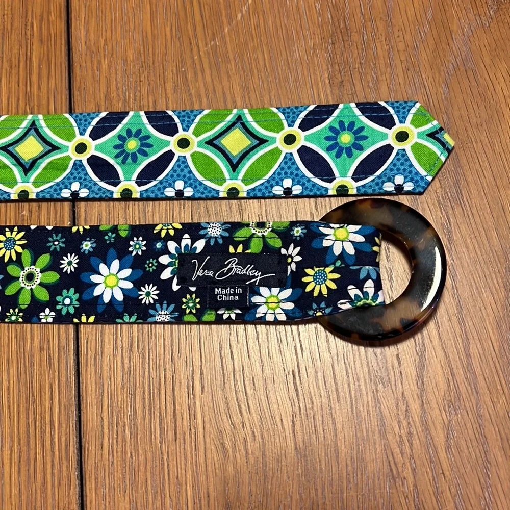 Vera Bradley Reversible Belt Blue & Green Daisy Design Tortoiseshell Buckle EUC